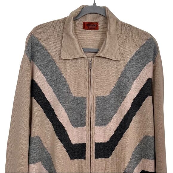 Missoni Men’s Cashmere Chevron Zig Zag Zip Cardigan Sweater Tan Size 54 XXL - Picture 2 of 12